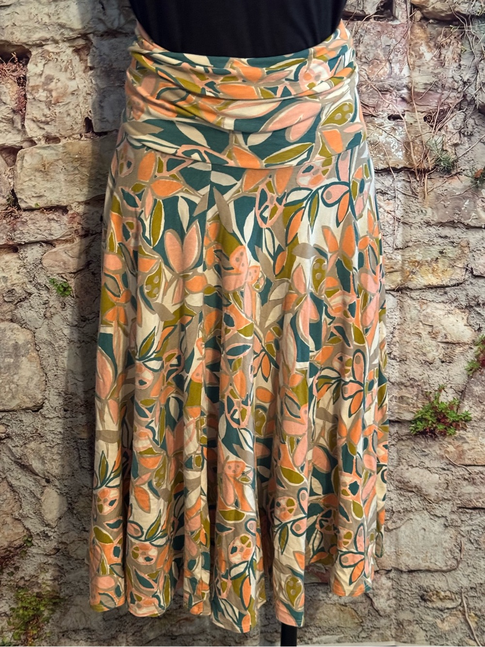 Flowy Floral & Butterfly Midi Skirt in Orange Pink and Teal